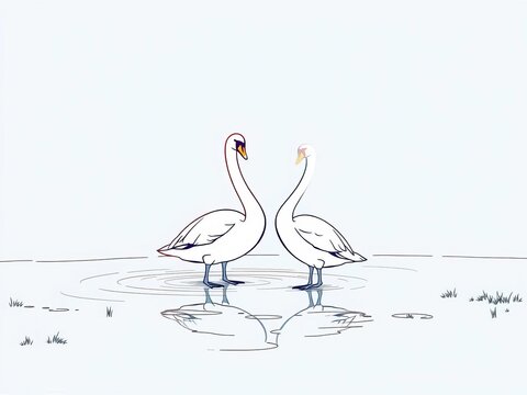 Line art drawing of two swans standing on a lake bed, elegance, avian