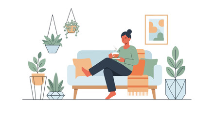 Fototapeta premium A woman relaxes on a light blue sofa in a cozy room, enjoying a hot cup of tea while surrounded by lush green potted plants.