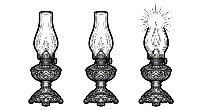 Vintage oil lamp tattoo style illustration set featuring three ornate lanterns with decorative metal bases, glass chimneys, and glowing flames in black and white line art.