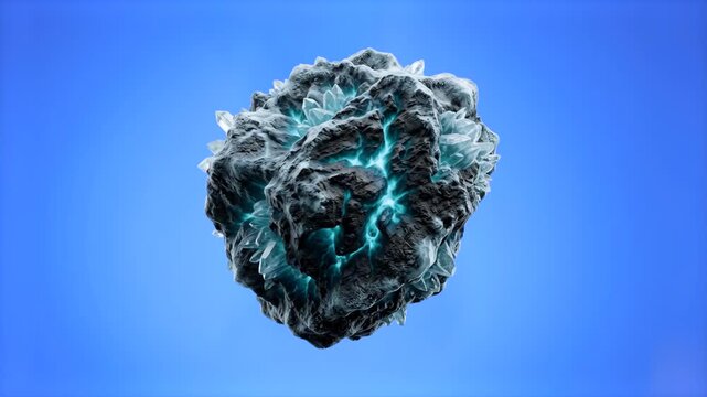A 3D cosmic gas asteroid featuring glowing blue energy veins and frozen crystal structures, isolated on a blue screen background. Ideal for science fiction video keying, space visual effects, motion c