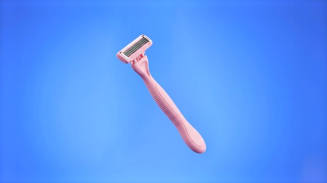 High-detail 3D model of a sleek pink razor for female hair removal, isolated on a vibrant bright blue background. Ideal for modern skincare marketing campaigns, body care commercial graphics, personal