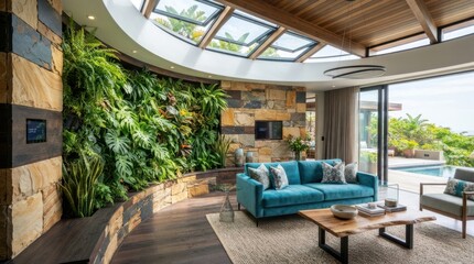 Fototapeta premium Luxury living room with a vibrant living wall and stunning ocean view