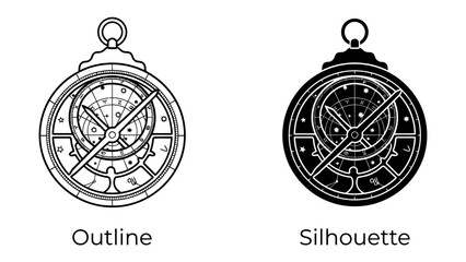 Compass Outline and Silhouette: A detailed outline and a striking silhouette of an ancient compass, showcasing its intricate design and functional components. © Goro