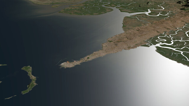 Oblique aerial 3D illustration of Conakry, Guinea