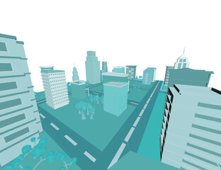 Fototapeta premium Low poly cityscape with tall buildings and trees in the foreground against a white background.