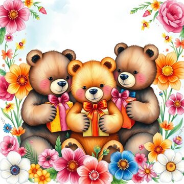 Watercolor illustration of three bears with gift boxes surrounded by colorful flowers, illustration, ||flowers