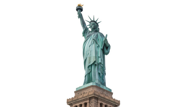 Iconic Statue of Liberty holding torch and tablet, isolated on transparent background