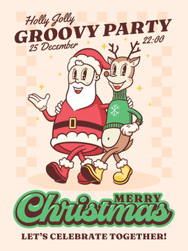 Christmas Groovy Santa and Reindeer Retro Characters. Cartoon Xmas Personage Illustration. Vector Winter Holiday Mascot Template Background. Happy Vintage Cool Drawing Isolated