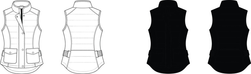 Technical flat sketch of a women quilted puffer vest with front and back views for fashion design. © MdHasmot