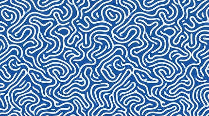 Obraz premium Seamless abstract pattern with white wavy lines on a blue background, organic mazelike texture, fluid shapes, modern vector illustration