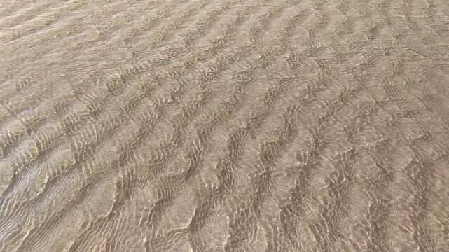 Crystal clear water ripples over a textured sandy beach, evoking tranquility and natural peace. This highangle shot, featuring no people, captures the serene beauty of the coast for backgrounds.