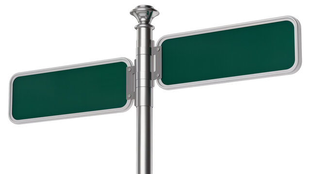 Two blank green street signs on a silver pole, isolated on transparent background