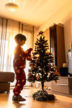 Boy decorating christmas tree on holiday morning
