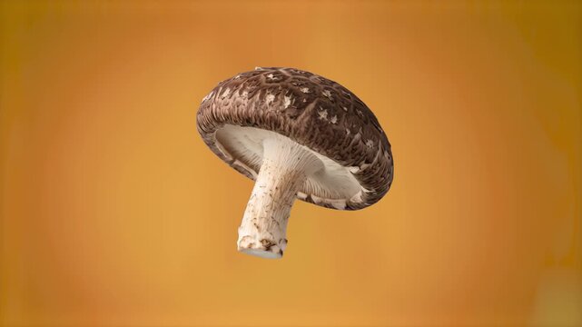 A realistic 3D render of a fresh raw shiitake mushroom with a detailed brown cap, set against a warm orange studio backdrop. Ideal for culinary advertising, recipe videos, gourmet cooking channel intr