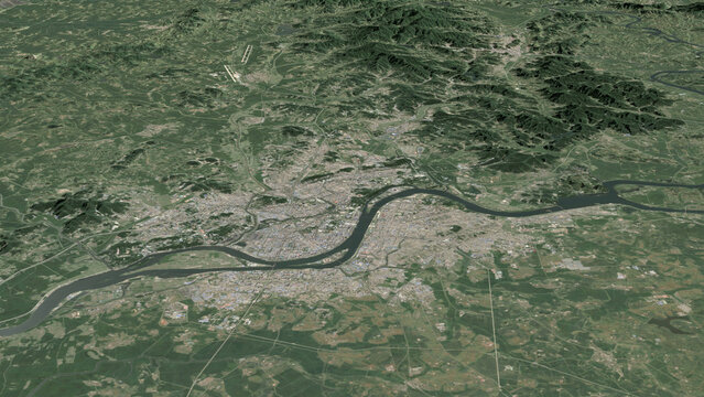 Oblique aerial 3D illustration of Pyongyang, North Korea