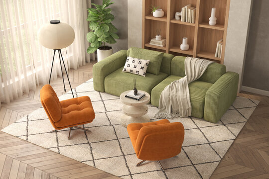 Mid century style conceptual interior room top view
