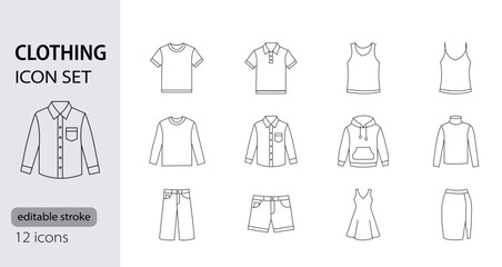 Fototapeta premium Clothing line icons set, Editable stroke vector icons of tshirt shirt hoodie dress skirt shorts pants and tank top