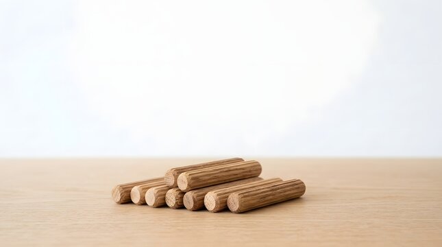 Wooden dowels resting on wooden surface against white background