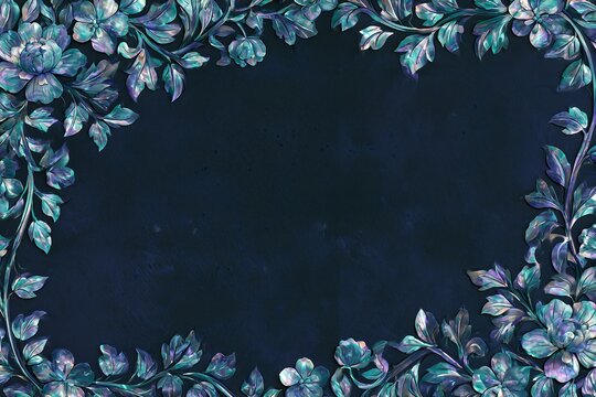Mother of pearl najeon floral frame border on a navy background with copy space
