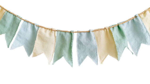 Pastel fabric bunting flags strung on twine, isolated on transparent background