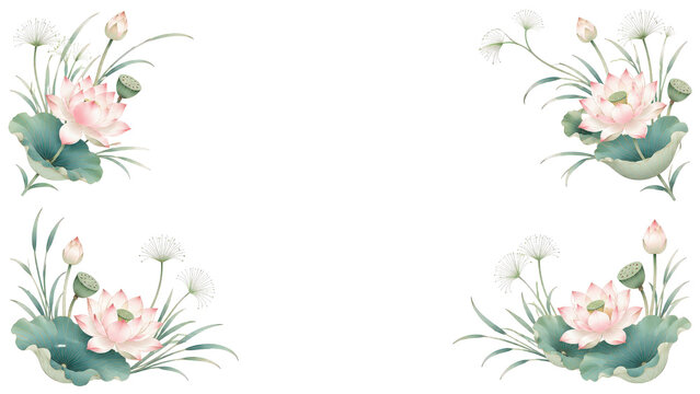 Lotus Flower Watercolor Corner Frame on Transparent Background