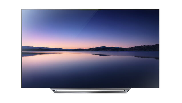 Modern flat screen television displaying serene lake landscape, isolated on transparent background