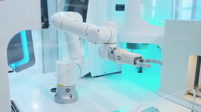 Industrial robotic arm operating advanced automation equipment in Shenzhen, China. Robotic automation, artificial intelligence, smart manufacturing and autonomous food service equipment