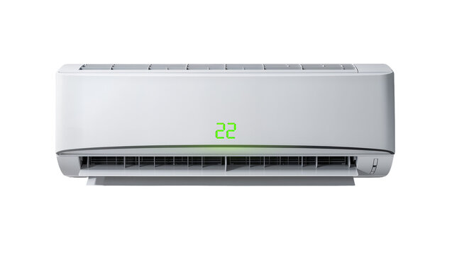 Modern white split air conditioner unit displaying 22 degrees, isolated on transparent background
