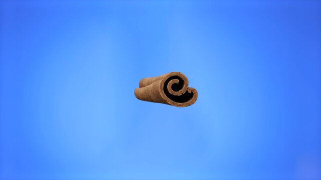A clean shot of a rolled aromatic cinnamon stick floating against a solid blue studio backdrop. Great for culinary videos, autumn recipe graphics, beverage advertising, spice packaging, and food motio