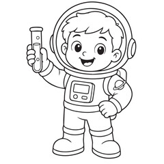 Cute astronaut boy holding test tube. Vector illustration of a child scientist in space suit. A black and white line art illustration of a happy little astronaut boy conducting a science experiment.
