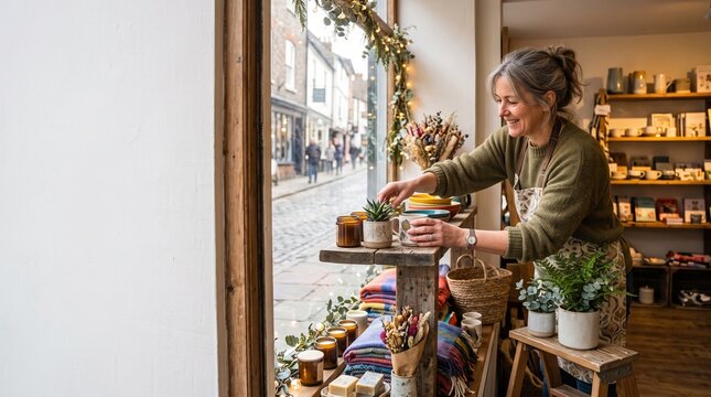 Woman arranging plants and candles in a charming shop window overlooking a cobblestone street