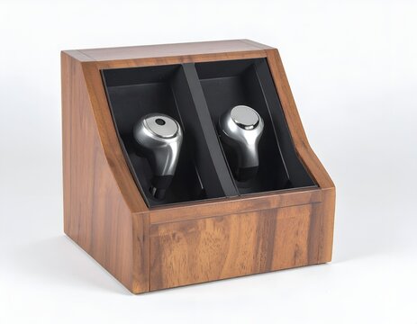Two modern automatic watch winders in a wooden case on a plain white background