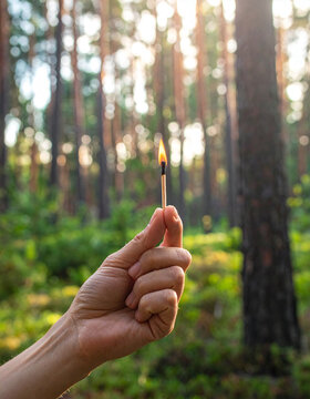 Una mano con una cerilla encendida en un bosque. Concepto de riesgo de incendio forestal, peligro de fuego, prevenci&oacute;n de incendios y amenaza para la naturaleza
