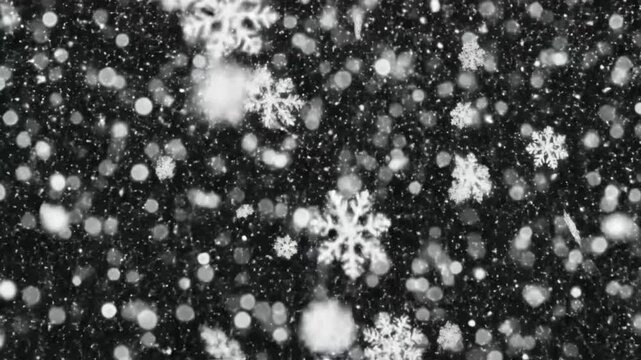 White snow overlay on black background creates a winter effect with falling snowflakes and glowing circles