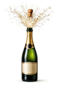 Champagne bottle popping with cork and bubbles on white background.