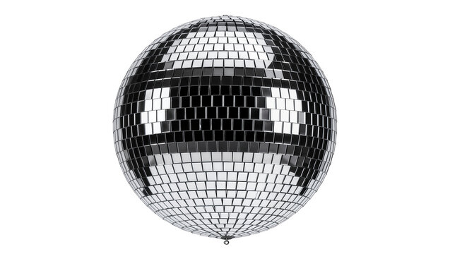 Shiny disco ball covered in mirrored squares, isolated on transparent background