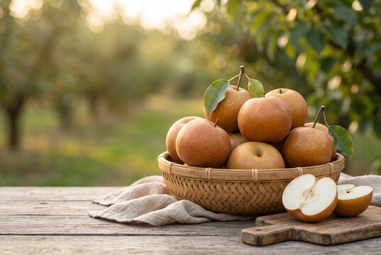 Fresh japanese nashi pears harvest in bamboo basket with cut fruit on rustic wooden table