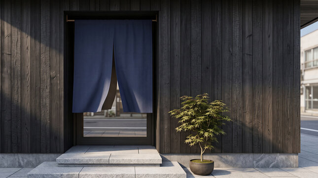 Japanese boutique entrance with plain indigo noren curtain and charred cedar facade modern retail exterior