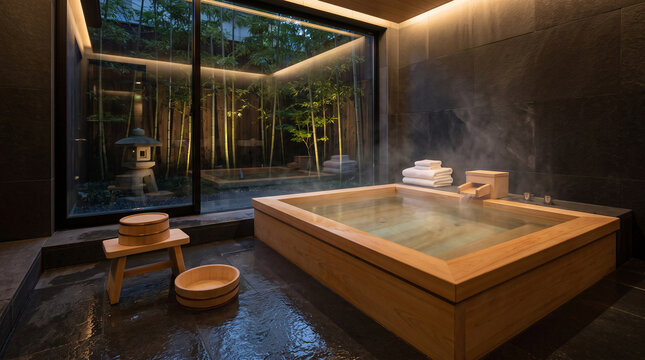 Modern japanese bathroom with hinoki cypress bathtub and bamboo garden view spa interior