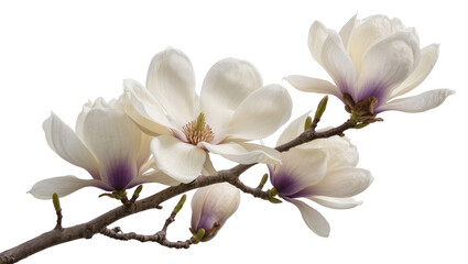 Delicate white magnolia flowers with purple accents on a branch, isolated on transparent background © Maria