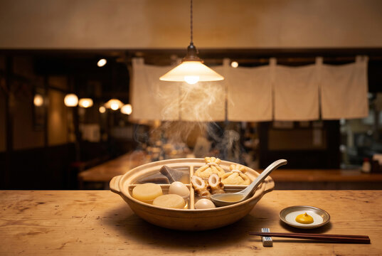 Steaming japanese oden hot pot with daikon and eggs at cozy counter eatery in autumn evening