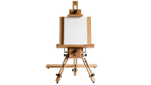 Wooden studio easel with blank canvas, isolated on transparent background