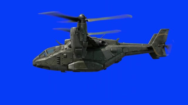 Detailed 3D model of a modern military compound tiltrotor gyroplane aircraft in flight, isolated on a bright solid blue background. Perfect for defense aviation documentaries, military tech overlays, 