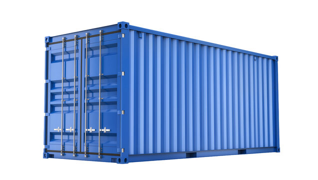 Bright blue corrugated metal shipping container with silver latches, isolated on transparent background