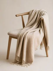 Fototapete Japandi Minimal wooden chair with beige throw blanket in Scandinavian style home interior  © Belltogether