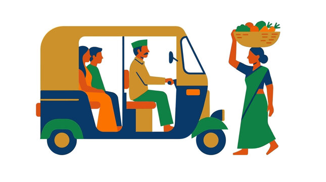 A woman carries a basket of fresh vegetables on her head near a parked auto rickshaw