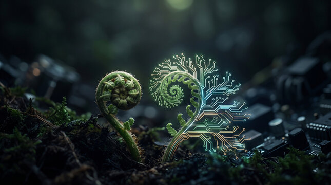 Fern frond unfurling into glowing branching circuit trace macro nature technology growth concept copy space