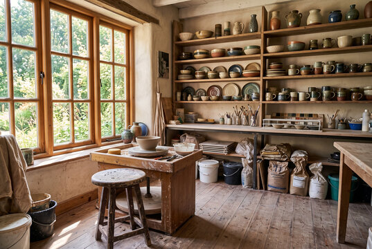 Sunlit Ceramic Artist Studio with Pottery Wheel and Handmade Pieces