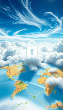 Whispy clouds with a padlock icon on top of an open map, security, cryptic