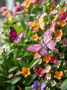 Colorful paper butterflies dance amidst lush greenery with delicate floral accents, outdoor, illustration